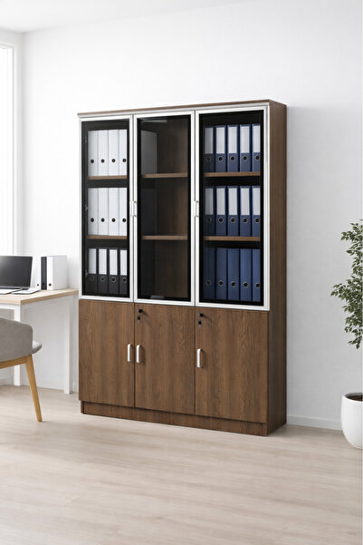 MARIA HOMES Modern Brown Wooden File Storage Cabinet with Three Glass Doors a...