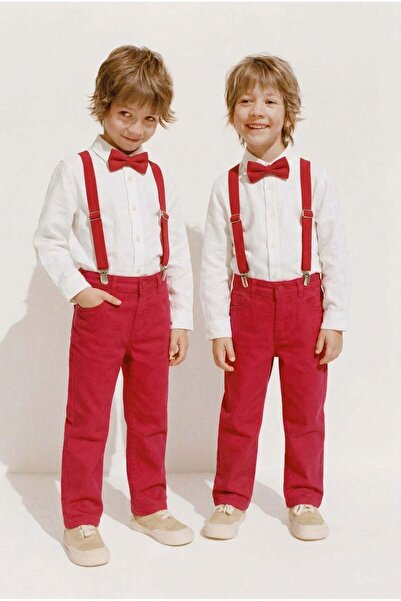 Magu Boy's Cotton Piece Red Pants, Suspender Bow Tie, and Shirt Set April 23