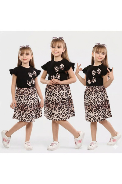 CUBBUX Κοριτσίστικο Σετ Λεοπάρ μοτίβο τεμαχίων με Λεπτομέρεια με φιόγκο φούστες