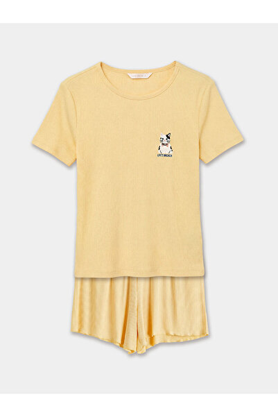 LC Waikiki Γυναικείο σετ πιτζάμες LCW DREAM Orange Crew Neck Με κέντημα με σορτς