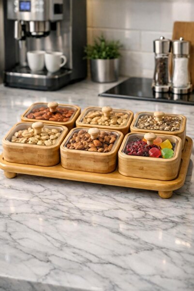 Tuğrastore Modern Tasarım Bambu Standlı 6 Adet Çerezlik ve Kahvaltılık Sunumluk