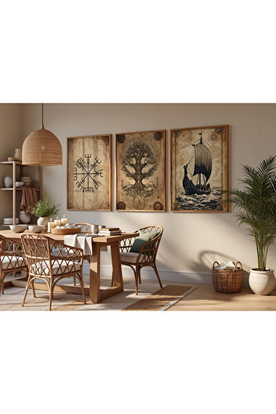 Tuba Decor 3 Piece Wooden Framed Living Room Hallway Painting Set
