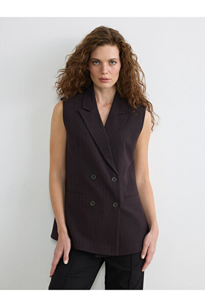 LC Waikiki Burgundy Double-Breasted Collar Striped Women's Classic Vest