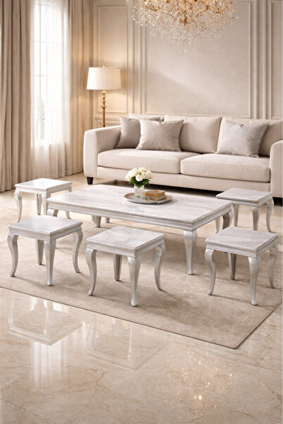 MARIA HOMES Luxury Silver Marble Coffee Table Set 1+6 – Classic Elegant Design