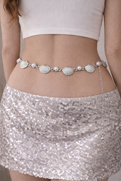 Pater Paulie Women's Seashell Pearl Detailed Silver Color Waist Chain