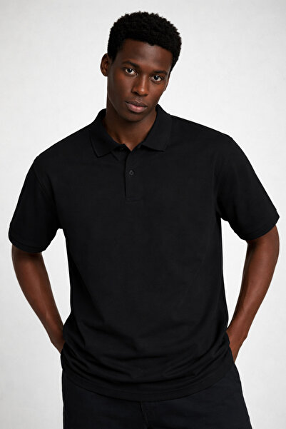 COMBİNE MİCHAİL Ανδρικό κοντομάνικο φαρδύ μαύρο μπλουζάκι με λαιμόκοψη πόλο