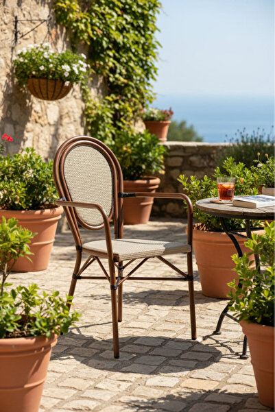 MARIA HOMES كرسي بذراعين عصري من الروطان باللونين البيج والقهوة، مناسب للاستخ...