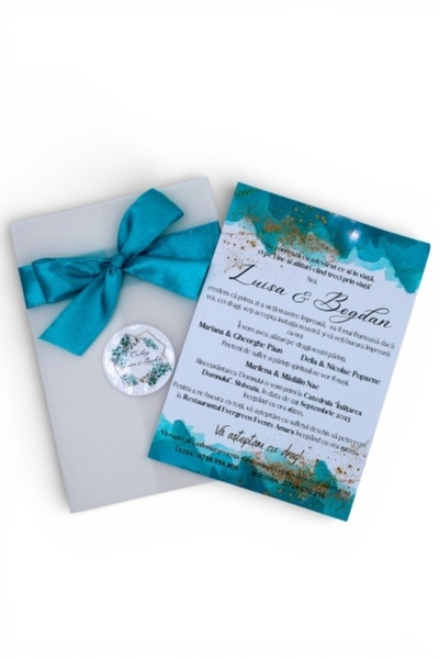 Fabricacucadouri.ro Pachet 50 Invitație nuntă cu fundiță turcoaz și sticker p...