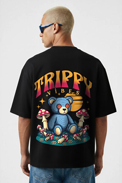 Trippy Bear Black Oversize Özel Tasarım Tshirt - %100 Pamuk - Premium Kumaş - Unisex