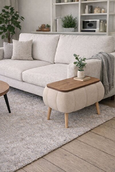 own home Nora Sandıklı Yan Sehpa, Teddy Kumaş Kaplamalı Ahşap Ayaklı Modern Y...