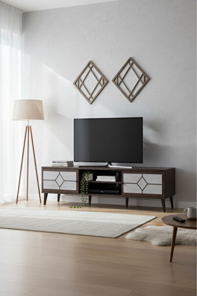 MARIA HOMES Modern Brown.G TV Table with Storage Cabinets & Open Shelving Unit
