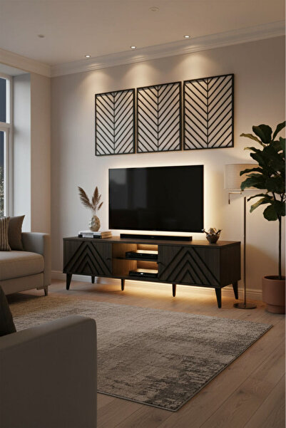MARIA HOMES Modern Brown TV Table with Geometric Design & Open Storage Shelf