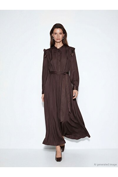 LC Waikiki Ruffled Tie-Detail Collar Satin Dress