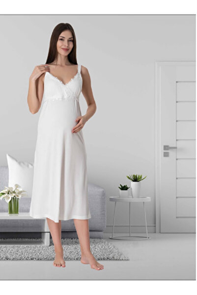 Effortt Dvina Lohusa Hamile Askılı Gecelik - Ekru