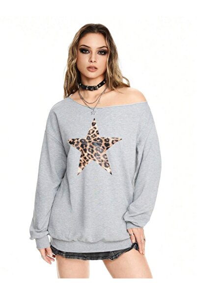 WESTİMO Women's Leopard Star Printed Boat Neck Oversized Sweatshirt