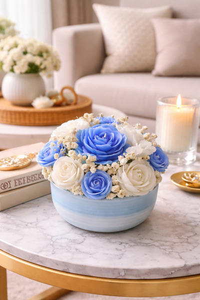 Bead El Yapımı Mavi Gül Mum Aranjmanı Large– Dekoratif Çiçek Mum | Masa Üstü ...