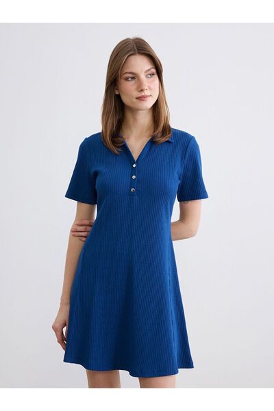 LC Waikiki Polo Collar Corded Fabric Peplum Mini Dress