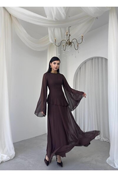 Nils Kids Butik Şifon Fırfır Detay Uzun Abiye Elbise-Volanlı kol, Peplum Detay