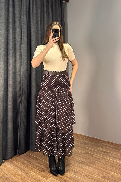 Sorridi Polka Dot Patterned Ruffled Design Skirt with Belt Ruffles