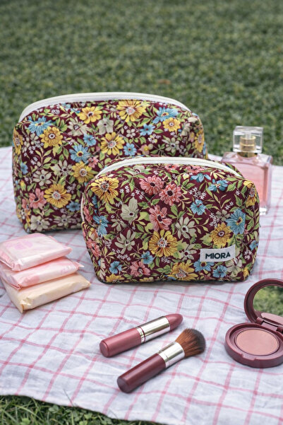 MIORA BAG Bordo Flower Garden Makeup and Pad Set of Bag Pieces