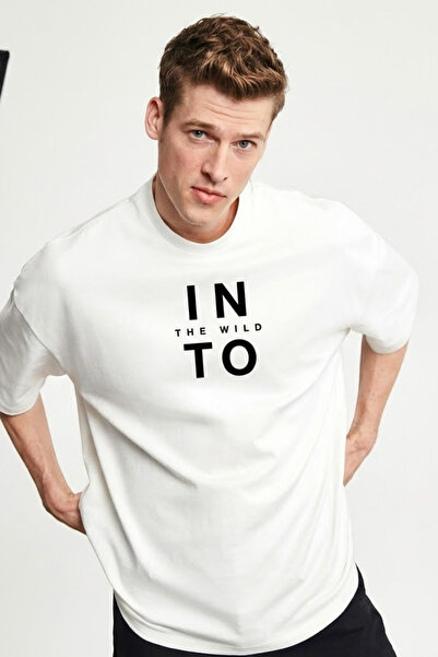 COMBİNE MİCHAİL Men's into the Wild Printed Loose Ecru T-Shirt