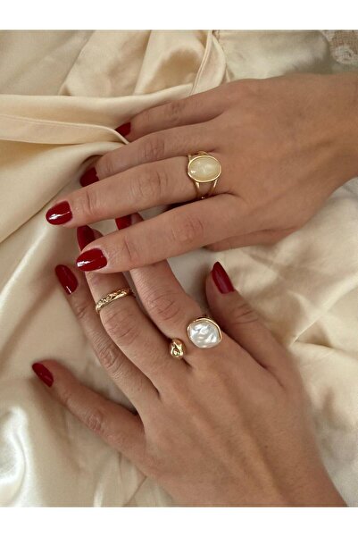 Junsui Nora Kadın 3'lü Yüzük Seti Altın Kaplama Çelik Kombin Yüzük Seti