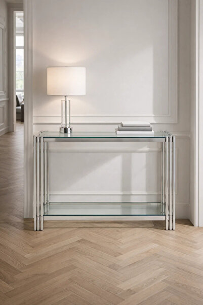 MARIA HOMES طاولة كونسول فضية فاخرة بسطح زجاجي للمدخل وغرفة المعيشة