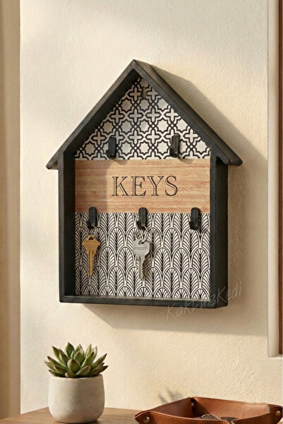 KaktüsKedi Dekoratif Ev Tasarımlı Duvar Anahtar Askısı - Siyah Çerçeveli El Y...