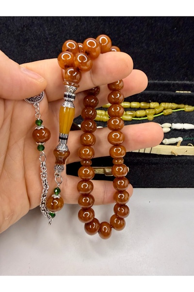 İskenderun Tesbihcilik Handmade Nakkaş İmame Flat Wheel Model Stick Clasp Amb...