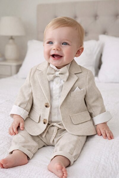 Superbaby Κομψό κοστούμι βάπτισης με κρεμ χρώμα, σακάκι, κορμάκι, παντελόνι, ...