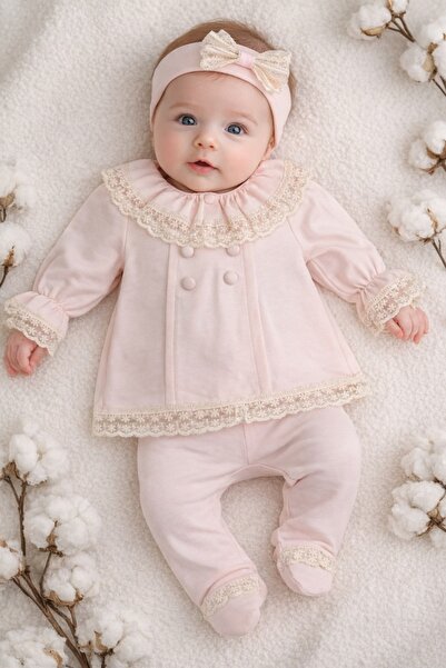 Pure Boutique Set elegant fete roz 3 piese bluza pantaloni bentita dantela