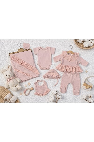 Pure Boutique Set bebe fetite 7 piese roz pudra body paturica si compleu