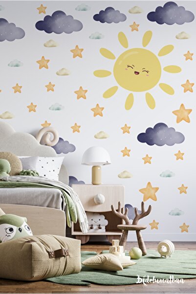 Bidolumatbaa Sevimli Güneş Bulutlar ve Yıldızlar Soft Renklerde Çocuk Bebek O...