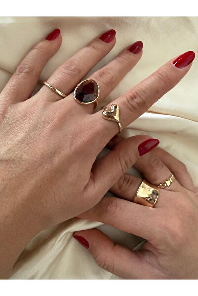 Junsui Iris Kadın 5'li Kahverengi Detaylı Yüzük Seti Altın Kaplama Çelik Çokl...