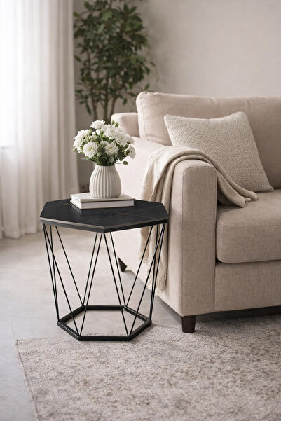 MARIA HOMES Modern Black Ceramic Top Hexagonal Coffee Table with Geometric Me...