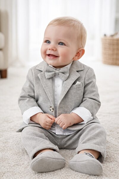 Superbaby Costum elegant bebe gri 4 piese sacou pantaloni camasa papion botez