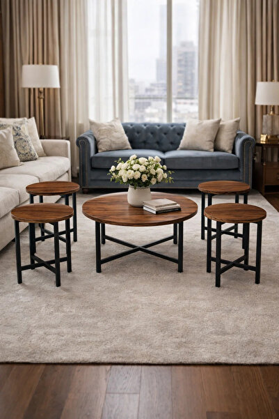 MARIA HOMES Rustic 5-Piece Round Nesting Coffee Table Set Industrial Wood Top...