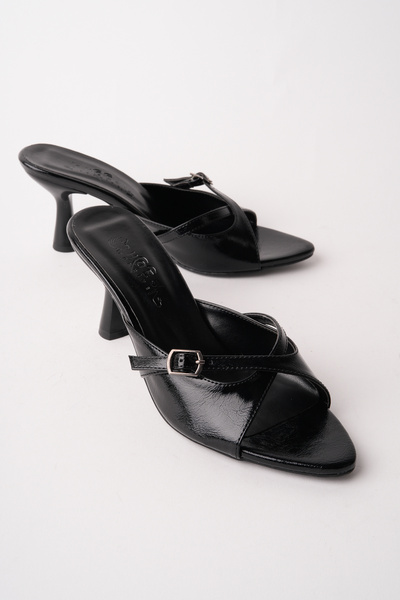 KuleliStore Siyah İnce Topuklu Kadın Terlik Açık Burunlu Çapraz Bantlı Şık Sa...