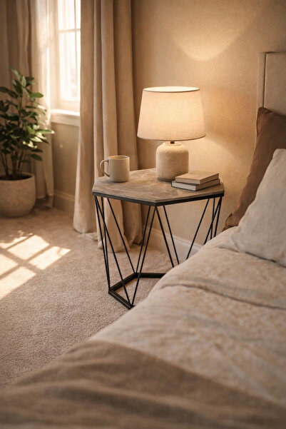 MARIA HOMES Stylish Hexagon Coffee Table Grey Stone Look Top Black Geometric ...