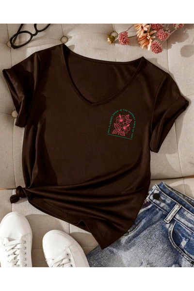 SUNFREE Hibiscus Printed V-Neck Short Sleeved Women's Combed Cotton T-Shirt