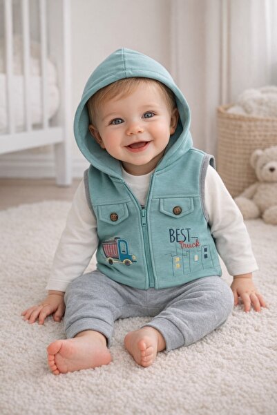 Superbaby Комплект от 3 части за момче, сив, с панталон и Елек тип камион