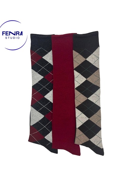 FENRA STUDIO 3-Piece Anthracite Brown Diamond Patterned and Plain Claret Red ...