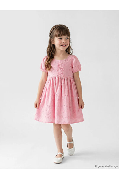 LC Waikiki Lcw Kids Pink Square Collar Lace-Like Knit Girl's Dress