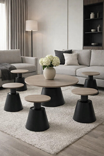 MARIA HOMES 7-Piece Modern Round Coffee Table Set Dark Grey Wood Top Black Ba...
