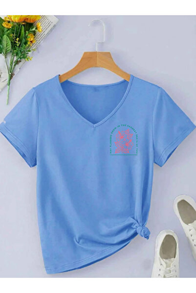 SUNFREE Hibiscus Printed V-Neck Short Sleeved Women's Combed Cotton T-Shirt