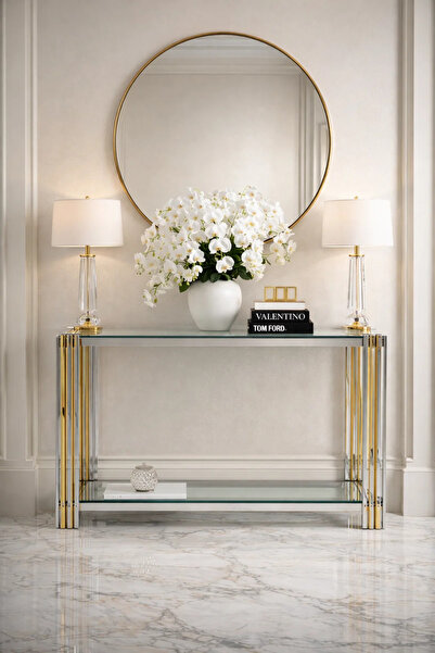 MARIA HOMES طاولة كونسول فاخرة من الذهب والفضة بسطح زجاجي للمدخل وغرفة المعيشة