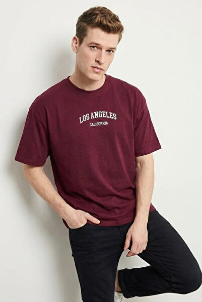 COMBİNE MİCHAİL Men's Los Angeles Summer Printed Claret Red T-Shirt