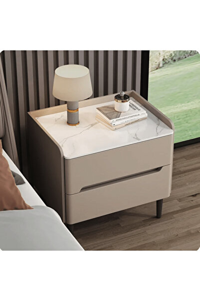 OEM Modern Bedside Table with Marble Look Top and 2 Drawers, Beige/Taupe