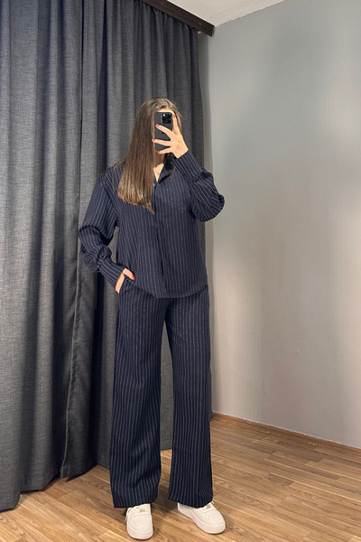 Sorridi Striped Shoulder Pad Detailed Shirt and Pants 2-Piece Set