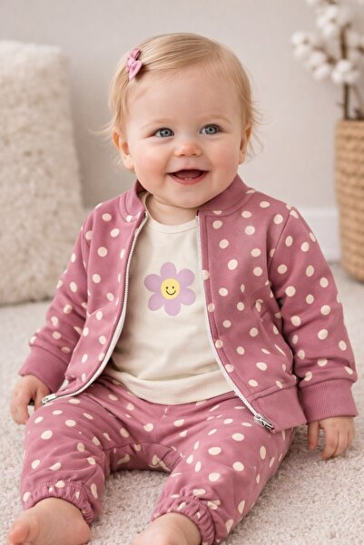 Superbaby Set trening fete 3 piese roz prafuit cu buline jacheta bluza pantaloni